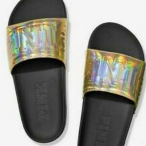 Vs Pink Gold Holographic Slide Sandals